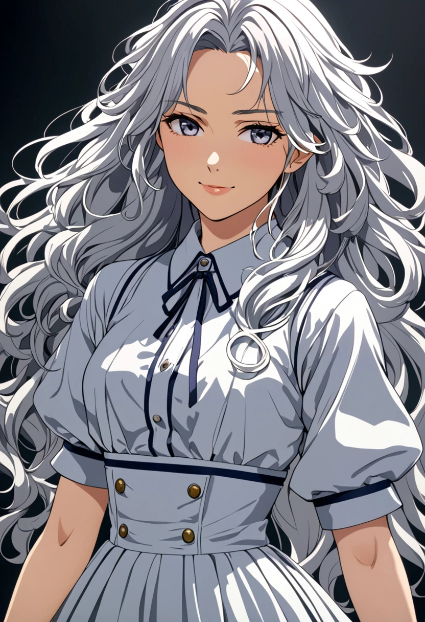 (masterpiece), (high resolution, 8k), (high detailed), women, lean body, (long waist length wavy messy hair(silver colored)), beautiful face, (close mouth:1.2), tired smile, 2000 era outfit, anime style, unaestheticXL_bp5, SimplePositiveXLv2