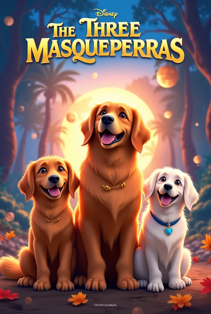 Disney DreamWorks-style movie poster, At the top is the title of the movie, which is The Three Masqueperras, There are three golden retriever dogs named Hanna., MEI and Rome, Hanna and Roma have brown hair and MEI has white hair., Roma es la mas big, big, MEI es más big que Hanna