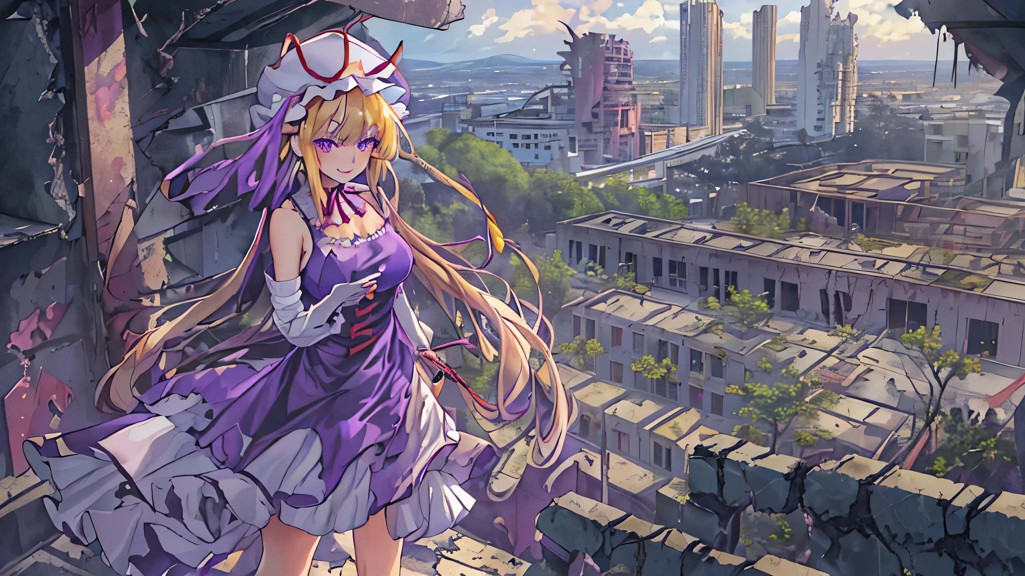 Highest quality, masterpiece, High resolution, alone, {yakumo_yukari_Touhou:1.15},Long shot of a girl standing in the ruins,Full body portrait,City Ruins,(((Ruined Background))),Modern City,A city swallowed by the forest,blue sky,Paved roads,Cracked roads,Decayed road sign, blonde,Braided upstyle, ribbon,Purple Dress, ribbon, hat, mob cap, hat ribbon, red ribbon, smile, white headwear, bangs, bow, breasts, purple eyes, hair between eyes, hair bow, tabard, large breasts, very long hair,((masterpiece, Highest quality, Extremely detailed CG, unity 8k wallpaper )),Long shot, panorama, Wide shot,((Very beautiful makeup)),Very long eyelashes,Perfect Eyes,Perfect Face,High resolutionの顔