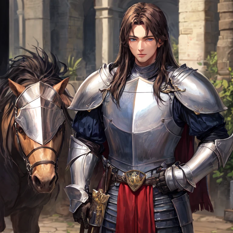 Handsome tall and strong man in knight armor with long black-brown hair and blue eyes against the background of a knight&#39;s camp in a field near the forest masterpiece high details UHD super detail accurate best quality
