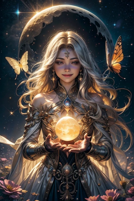 A light orb with magician circle around the orb, hand, five shining butterfly, creepy smile, sparkle sky, shining, gust of wind, light flowers, sun and moon, dark light of fantastic and cosmological with universal. Amazing view very bright and warm starry. Detail, HD, Enchanted. Multiple colours.