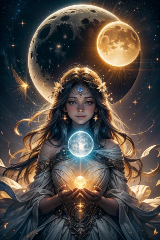 A light orb with magician circle around the orb, hand, five shining butterfly, creepy smile, sparkle sky, shining, gust of wind, light flowers, sun and moon, dark light of fantastic and cosmological with universal. Amazing view very bright and warm starry. Detail, HD, Enchanted. Multiple colours.