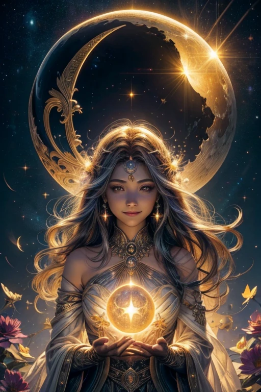 A light orb with magician circle around the orb, hand, five shining butterfly, creepy smile, sparkle sky, shining, gust of wind, light flowers, sun and moon, dark light of fantastic and cosmological with universal. Amazing view very bright and warm starry. Detail, HD, Enchanted. Multiple colours.