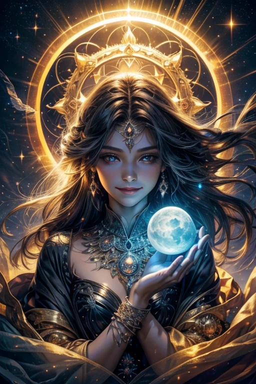 A light orb with magician circle around the orb, hand, five shining butterfly, creepy smile, sparkle sky, shining, gust of wind, light flowers, sun and moon, dark light of fantastic and cosmological with universal. Amazing view very bright and warm starry. Detail, HD, Enchanted. Multiple colours.