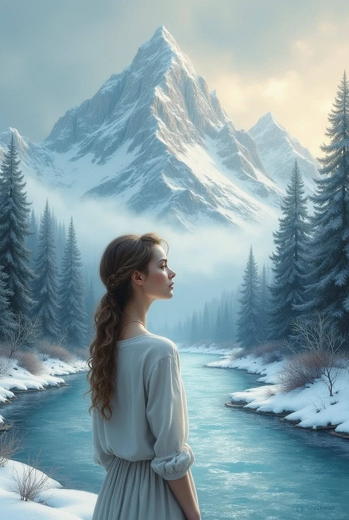 Chalk drawing of a snowy mountain, a flowing river, and a woman.