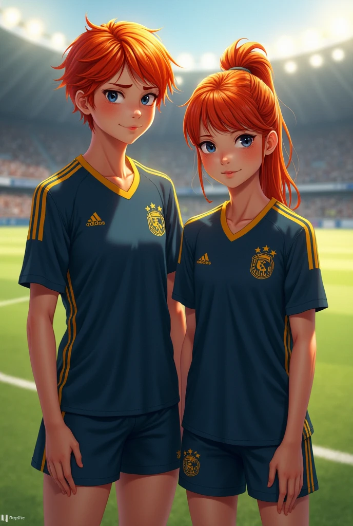 Two young female soccer players, one with short orange hair, athletic and a serious attitude and the other with red hair and a ponytail, shy and small. They both wear a dark blue uniform with gold stripes..