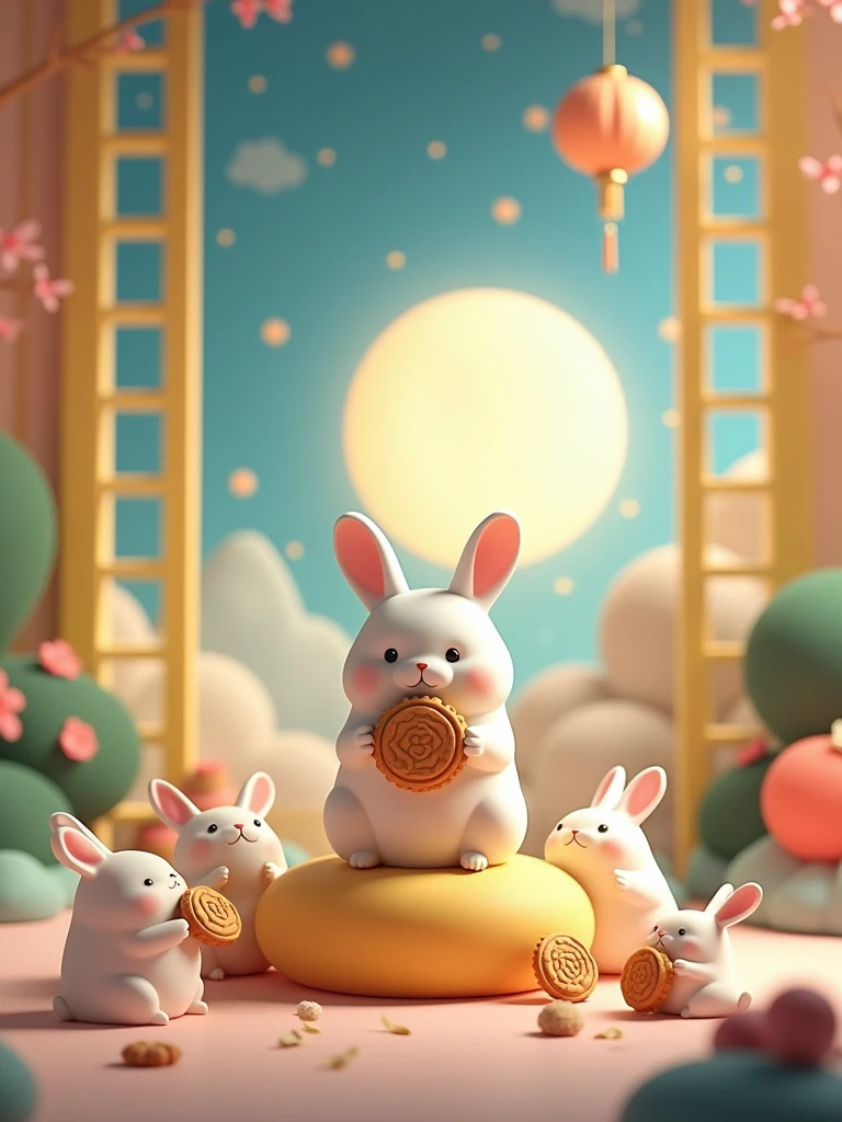 3D illustration of a cute white rabbit sitting on the moon with a moon cake, surrounded by flowers and trees. There is an open yellow window in the style of Asian style in front of it. On a white background, several bunnies are eating Chinese mooncakes. The scene is cartoon-like, with a soft gradient color palette, high resolution, high details, and high quality