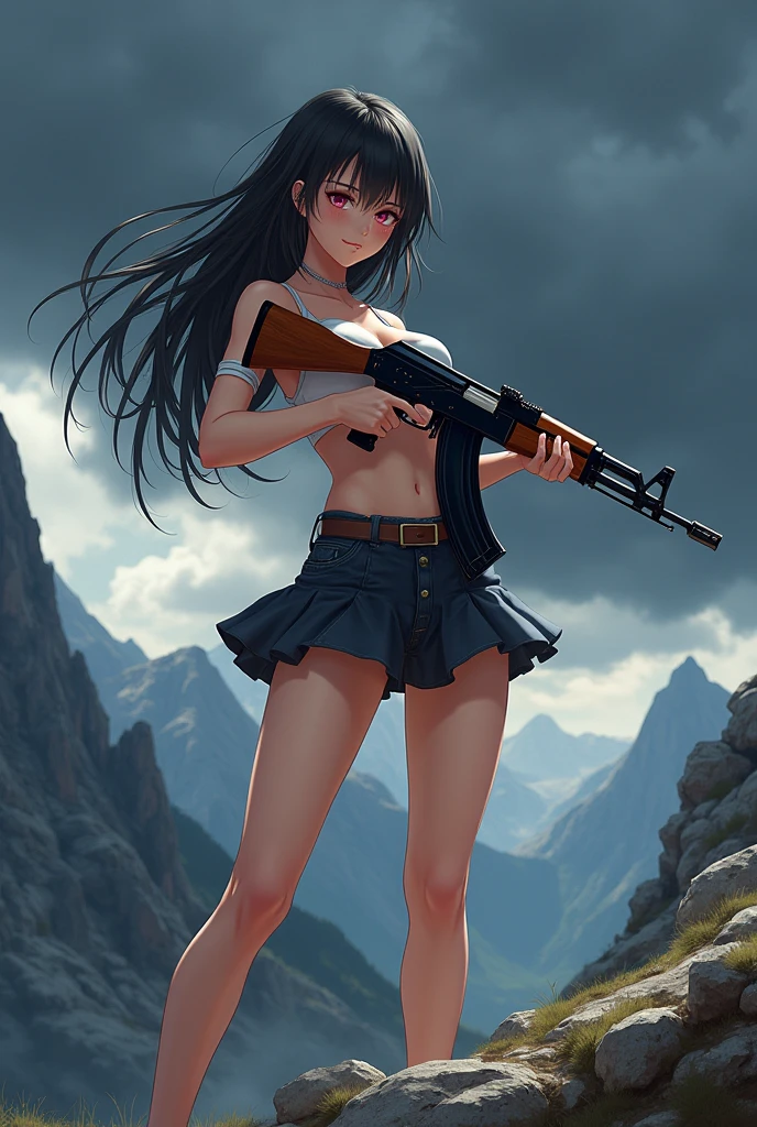 A beautiful girl anime with a akm gun in short pant with small clothes on mountain and black cloud sky