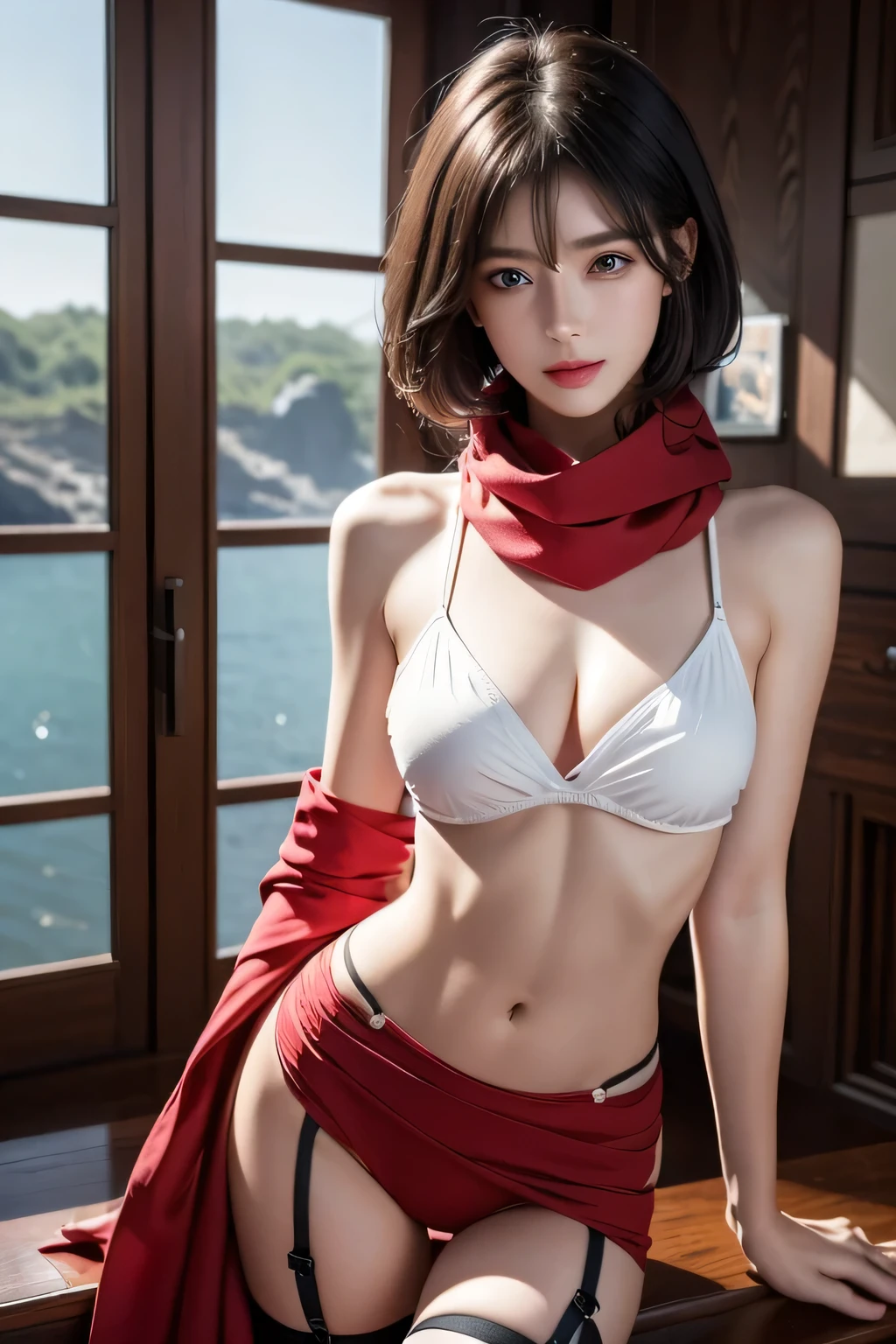 High-quality work，Realistic works，Super premium graphics，8K HD CG works，high quality graphics，High-definition and exquisite CG works，10x pixels，Ultra-fine details：1.1，Advanced technical details：1.1Realistic photo effects，Interior lighting effects：1.5，natural soft light：1.5. Light effect（Virtual light effects：1.8），ultra high resolution，shining dress，sliver long hair，silber hair，transparenthair，high detailed hair（Quality hair details：1.1）Clear eyes，Double eyelids look good，Sharp eye makeup, Create exquisite eyelash makeup, tthin eyebrows, Ultra-detailed eyes，a tall nose, lovely red lips, rosey cheeks, With delicate makeup on her face , pretty face, The face shape is perfectly proportioned,（Advanced facial details：1.1）8K, Top Quality, Intricate Details, Ultra Detail, Ultra High Resolution, Masterpiece, random angle, mikasa ackerman, Slender, Smile, (Makeup: 0.4), (Fluffy Blue Eyes: 1.21), blue Eyes,, ((full body)), 1girl, solo, 1 girl, (( full body)), close-up shot, , , ((tall)), (((fit body))), (((slim face))), sharp face, sharp eyes, (((black hair, short hair, bangs )) ,(detailed face), sharp face, small lips, thin lips, ((red scarf, crop top, thigh strap)), detailed face, detailed breast, , large breast, detail, , Beautiful girl with accentuated slender abs: 1.4, Six Pack Abs: 1.4, Bust Botox, Big, Perfect Body, detail leg, (( moonlight)), ocean , Women's artwork，Dress full body video，Realism，Amazing Cleavage，My eyes are very bright today
