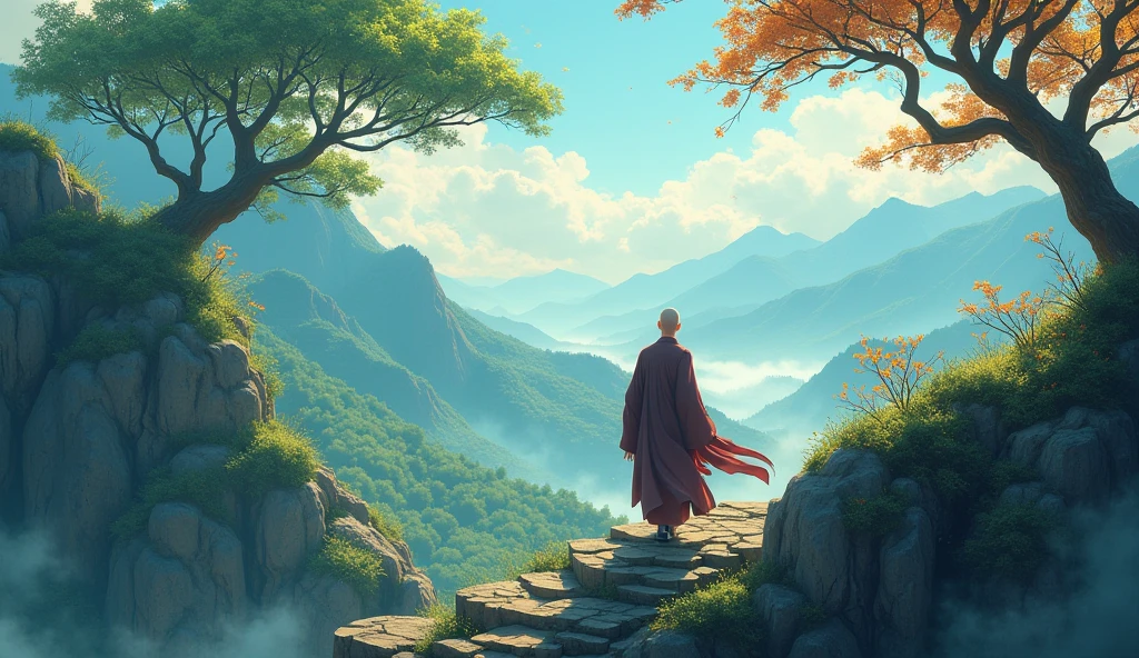 Chinese bald desciple climbing up mountain, beautiful scenario, curious, peaceful, beautiful trees, forest, hill, in anime style,