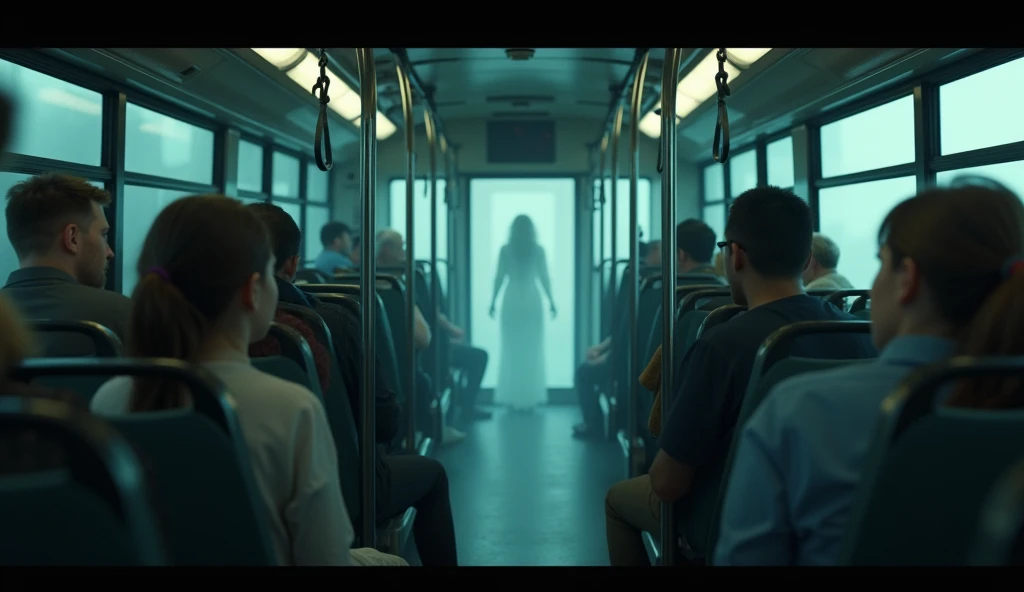 Bus Jolting to Life:** A close-up of a bus’s interior during a sudden jolt, with lights flickering and the ghost figure of the woman becoming faint. The passengers look surprised or alarmed.