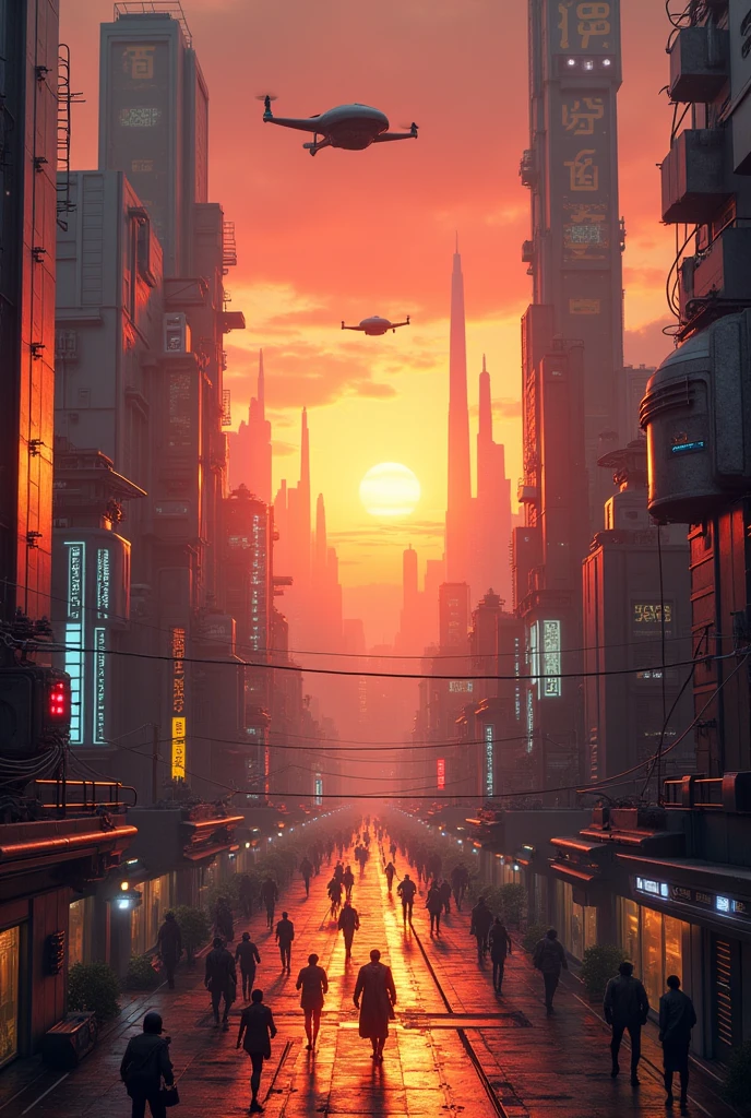 generate a town in 2100 with all robot in the town and don’t have any tree in the town with sunset in the front