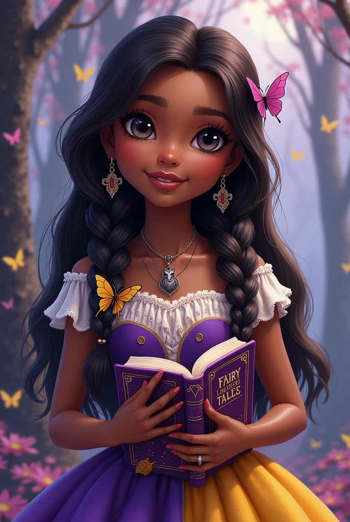 Imagem da filha da Cerise Hood e da Cedar Wood de Ever After High: You must have straight hair with brown waves, with braids, dark brown skin, gray eyes, purple dress with white on top and yellow with purple on the bottom, wolf pendant, butterfly earrings, butterfly elements on clothes and hair and holding a book of fairy tales