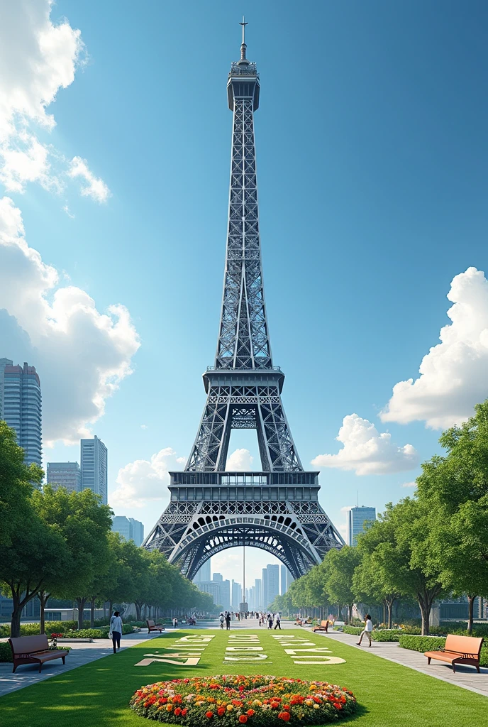 Featuring full HD high resolution images, make a tower like the Eiffel tower in the middle of the city, around the tower you can see colorful flower gardens and seating areas, in front of the tower you can see text made of green grass that says "Tomohon City", cool background of nature and city, realistic