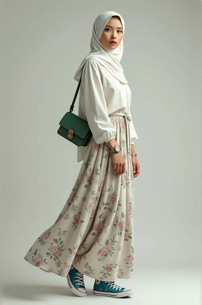 Generate an image of a beautiful asian malaysian hijab girl wearing a beautiful white dress and a floral light skirt, wearing a watch and some accessories, wearing a pair of high cut blue converse, and holding a cute green shoulder bag.