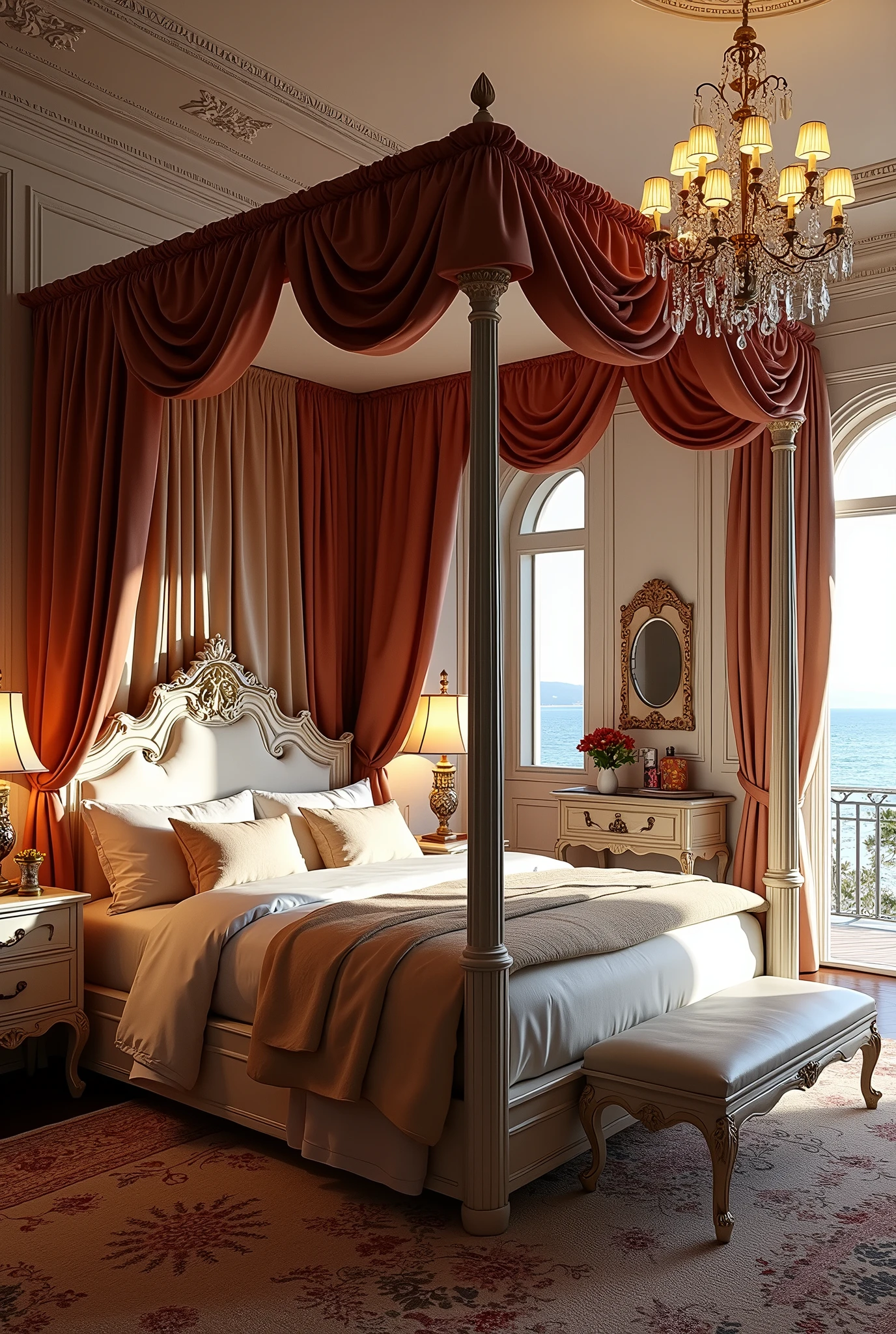 (masterpiece:1.2, Highest quality, Ultra-high resolution, Very detailed, Realistic, RAW Photos:1.2, Elaborate photos), 8k, wallpaper, (Ray Tracing), French Riviera mansion, (Luxurious master bedroom with king-sized canopy bed, Rich fabrics and textures, Silk bedding, Antique bedside tables with elegant lamps, Ornate rug, Private balcony with ocean views, Elegant decor with French accents, Chandelier casting a soft glow), A photo capturing the opulence and comfort of the master suite, featuring a cozy reading nook, a dressing area with a mirrored vanity, decorative vases, and framed photos, all contributing to a personalized and luxurious space.