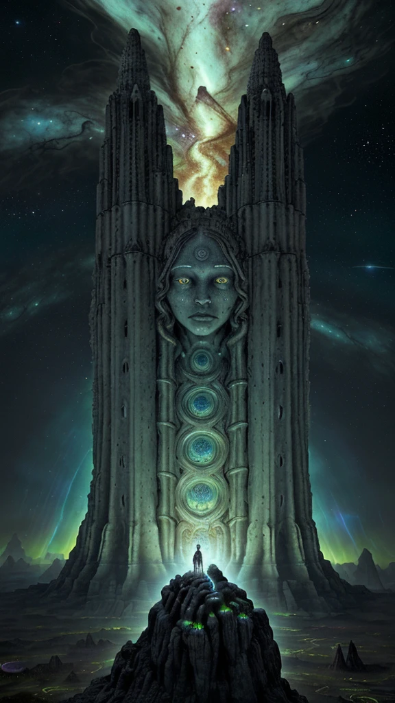 "Imagine a world lost in the confines of an ancient universe, where the stars have long since gone out and darkness envelops everything. In this primordial place, A colossal city built by ancestral beings is erected, whose non-human minds ruled before the dawn of time. The structures that fill this place are titanic and strange., Sculpted in black stone and iridescent glass, Their alien forms eroded by countless ages. Each tower and temple seems to defy the laws of physics, leaning at impossible angles, merging and unfolding into dimensions that seem not to exist in our world.

In the center of the city lies a giant coliseum, Its walls decorated with ancient symbols, too complex to be understood by the human mind. On its walls, Humanoid figures carved in disturbing detail stare out with lifeless eyes, but full of a wisdom that escapes our understanding. These beings seem to have ruled the cosmos before matter and time had meaning..

Huge domes rise from the ground, covered with luminous lichens that seem to be alive, pulsating with a strange light. Among the structures, Rivers of a bright, unknown liquid flow in ritual patterns, like veins of a sleeping entity. Certain monuments seem to beat slowly, as if they were breathing together with the cosmos, waiting to wake up from a slumber that has lasted for eons. The wind here whispers in forgotten languages, Carrying fragments of cosmic memories and tales of deities beyond human understanding.

This ancient place was not made for humanity. Its halls and temples vibrate with the energy of an ancient and strange power., a presence that has observed the birth and death of galaxies. Here, reality itself is a distant echo of unknown forces, and the only constant is the overwhelming sense of being a tiny spark in a cosmos too vast and antiquated