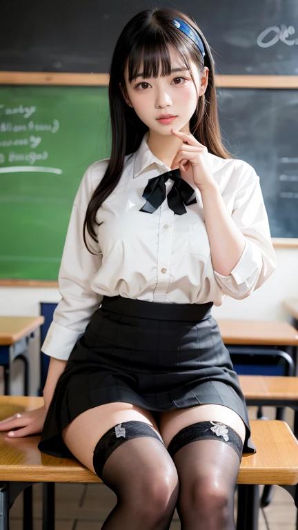 The pieces fly, Highest quality, figure, Very detailed, The finer details, High resolution, 8k,wallpaper, Perfect dynamic composition,(Detailed high quality, Realistic depiction of eyes:1.3), (White school shirt :1.2), (Checked skirt :1.3), Black tie, Black thigh-high stockings, Sitting, Leg spread, In the classroom, Background blackboard, Deep in the field, Large Breasts, Black hair color, Big Natural Color Lip, (Perfect figure), Crying a little、Cold Stare, Harajuku Style、20-year-old girl、Cute type、Hata、Beautiful feet, Idol Sculpture