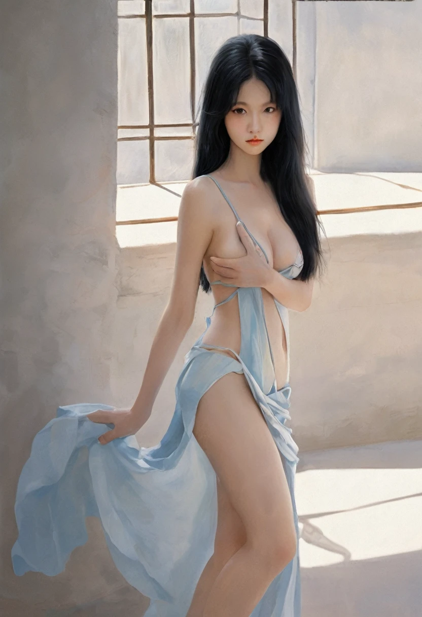 (oil painted:1.5), \\ A woman with long black hair,rays of sunshine,big breasts beautiful(Amy Saul:0.248),(Stanley Ategg Liu:0.106),(A detailed painting:0.353),(gothic art:0.106)