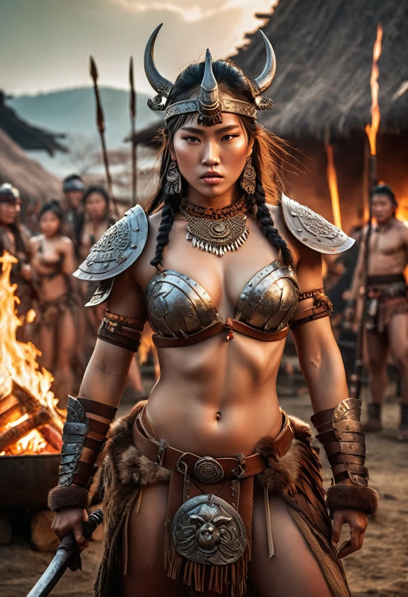 a nude female barbarian warrior in a korean tribal feast, beautiful detailed eyes, beautiful detailed lips, extremely detailed eyes and face, long eyelashes, muscular body, holding a weapon, wearing tribal jewelry and armor, surrounded by barbarian tribesmen feasting, large fire pit, hut structures in background, moody dramatic lighting, cinematic composition, detailed fantasy digital art, muted color palette, high contrast