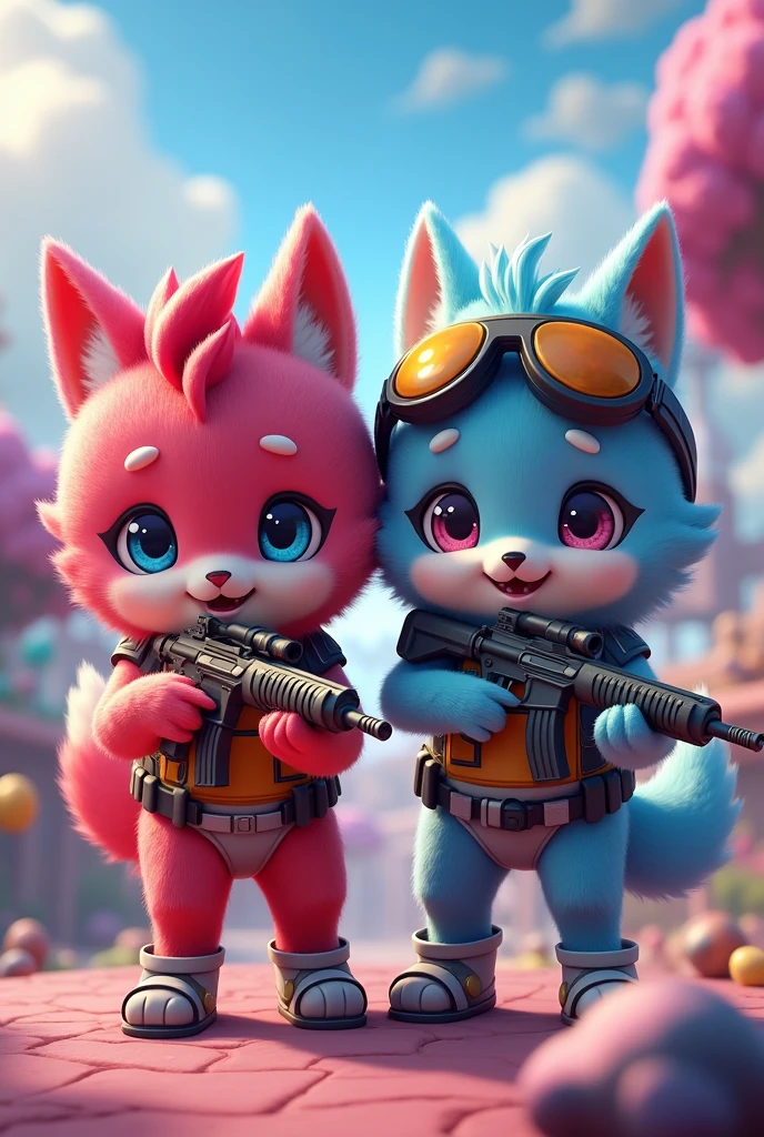 Image of two furry creatures ,colorful and cute playing free fire with helmet vest and weapons, one bright red and the other light blue,both very feminine