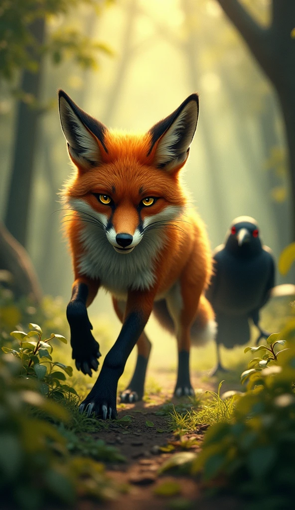 The arrival of the fox: A hungry fox is seen walking in the forest. He has eyes on the crow, and a sly smile on his face.
