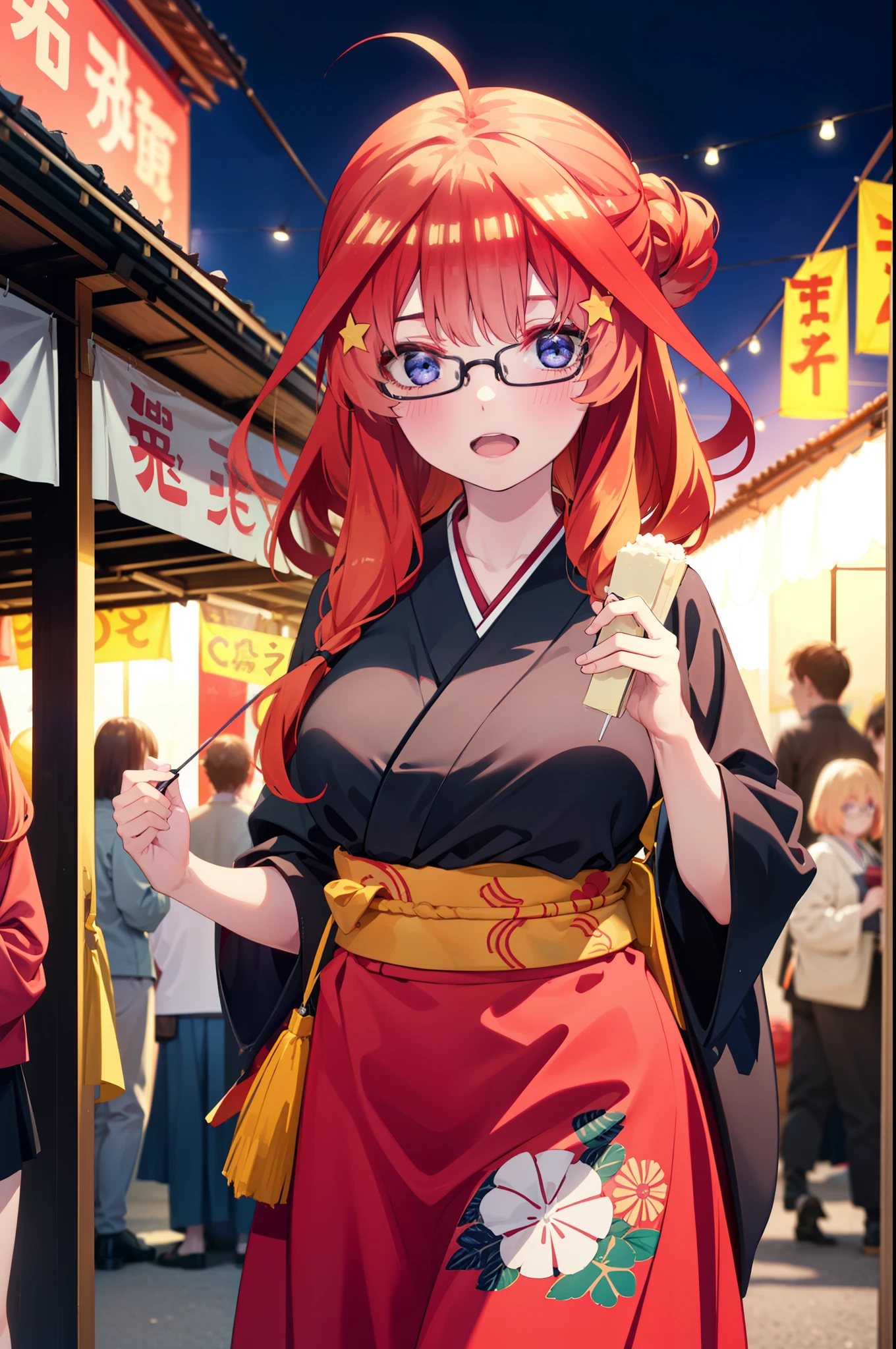 itsukinakano, Itsuki Nakano, bangs, blue eyes, Hair between the eyes, Ahoge, Redhead, star \(symbol\), hair ornaments, star hair ornaments,花のhair ornaments,Black-rimmed glasses,hair tied back,smile,blush,Open your mouth,Big Breasts,night,Red Kimono,Long skirt,He is holding cotton candy in his right hand and a clear bag full of cotton candy in his left hand.,Japanese Festivals,Summer festival food stalls,Red lantern,whole bodyがイラストに入るように,
break looking at viewer,whole body, (Cowboy Shot:1. 5),
break outdoors, Veranda,
break (masterpiece:1.2), Highest quality, High resolution, unity 8k wallpaper, (figure:0.8), (Beautiful attention to detail:1.6), Highly detailed face, Perfect lighting, Highly detailed CG, (Perfect hands, Perfect Anatomy),