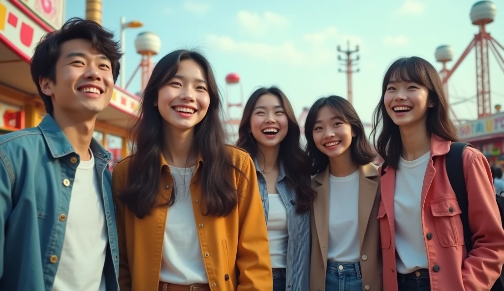 Two Japanese male and three female university students dressed in fashionable clothes are looking into the distance with cheerful expressions at an amusement park,Excited, Photo of your face, Amusement park in the background, with a natural look, With a slightly tired look, tilt your face a little, Diagonal orientation, Average face