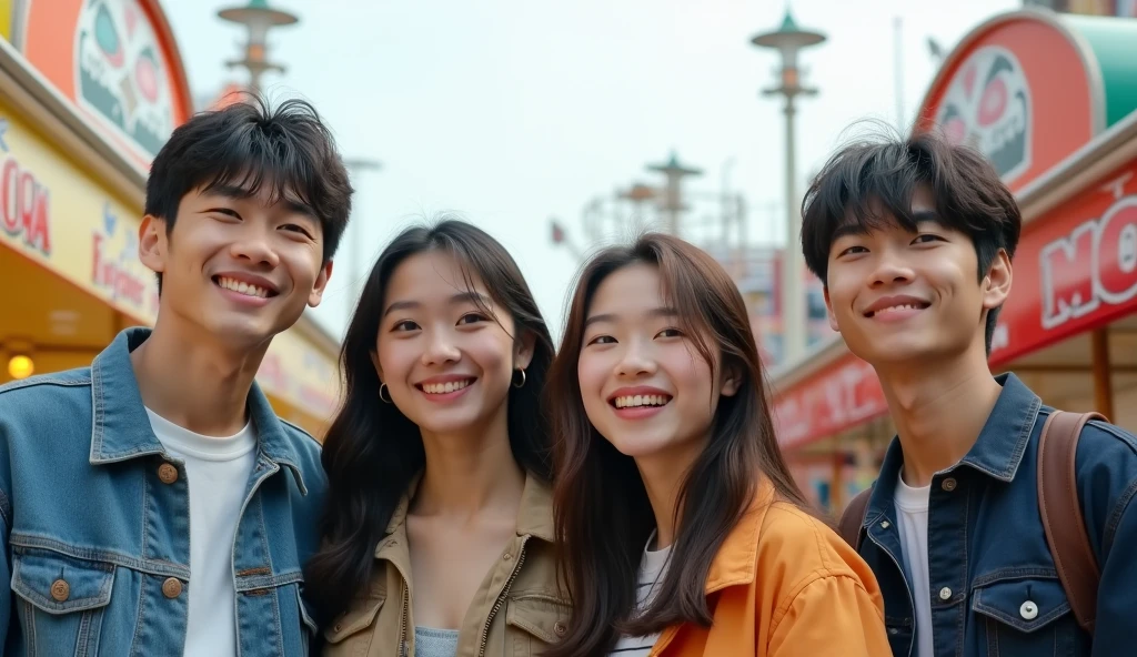 Two Japanese male and three female university students dressed in fashionable clothes are looking into the distance with cheerful expressions at an amusement park,Excited, Photo of your face, Amusement park in the background, with a natural look, With a slightly tired look, tilt your face a little, Diagonal orientation, Average face