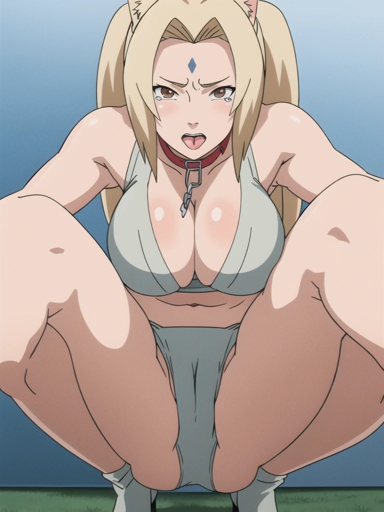 open your mouth wide,View your viewers,((Gold Lingerie)),long knee high boots,((tsunade)), ((tsunade milf physique)),(Forehead mark ), ((high twintails)),blondes, eye, smile, from the front,Huge breasts,Thick thighs,((Sharp details High resolution body parts Perfect body parts )),Blushing,Red face,(Sad expression),(In underwear), ((Front view)),((shaped legs))Beautiful white skin with a pinkish tint,4K,8k,16K, Look at this,Textured skin, camel toe,Embarrassed face, cat ears, areola,be defeated,Subjective,Take off your clothes, My body is all wet,Nipples,Collar:Stick your butt out, There's a lot of water on your face,liquid on face, pubic hair,There is a sticky liquid on it, My face is all messed up, Squatting, open your mouth wide, too small underwear, lift the chest, My crotch is soaked,tears, My crotch is wet, Pussy hair is wavy, Crying,Chest is drenched and wet, Lying down on the bed, Sobbing, It's hitting the crotch, A stick is hitting my crotch,Crying loudly, The collar is connected with a chain, put your hand on your crotch, sweaty,My crotch is smelled, bring your face closer to your crotch, I can stare at my crotch,Having a man smell your crotch,tongue, Show your tongue, Sit on the face, Squirting, lift hip up pose, female,My crotch is wet,Crotch hair, long tongue, drool,よだれを垂らす, drip water from the mouth, give a lot of tongue,マンコ, press your chest together, Look up and open your mouth wide