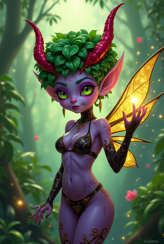 Prismatic coloration. Jungle like environment. A Short young Gremlin like Plant woman with a Deep purple skin tone lit up with heavy miniscule starlike freckles & a set of B-cup breasts, bearing curvaceous hips, Slender Legs, & a round but small ass. She has short leaf green curly hair stopping at the top of her neck with various flowers growing within. She is wearing a skimpy revealing Black & Purple Bikini like armor exposing much of her chest area with Golden celestial designs & an otherworldly Tiara on her head. She has a serious face with a sad frown & a stern gaze in her sharp Fiery Orange Glowing eyes with black sclera & a heavily freckled form. She has long sharp Crystal like Blood-Red Demonic horns radiating heavenly energy & a set of elegant Elven ears. She has long Ruby red vine like tattoos running all around her body accompanied by Crimson Star-like Tattoos running along them. She has a small cute deer like snout. She has large Crystal Golden Fairy-like wings with a starlike pattern. She is seen in a battle stance summoning verdant green Stardust magic from her fingertips