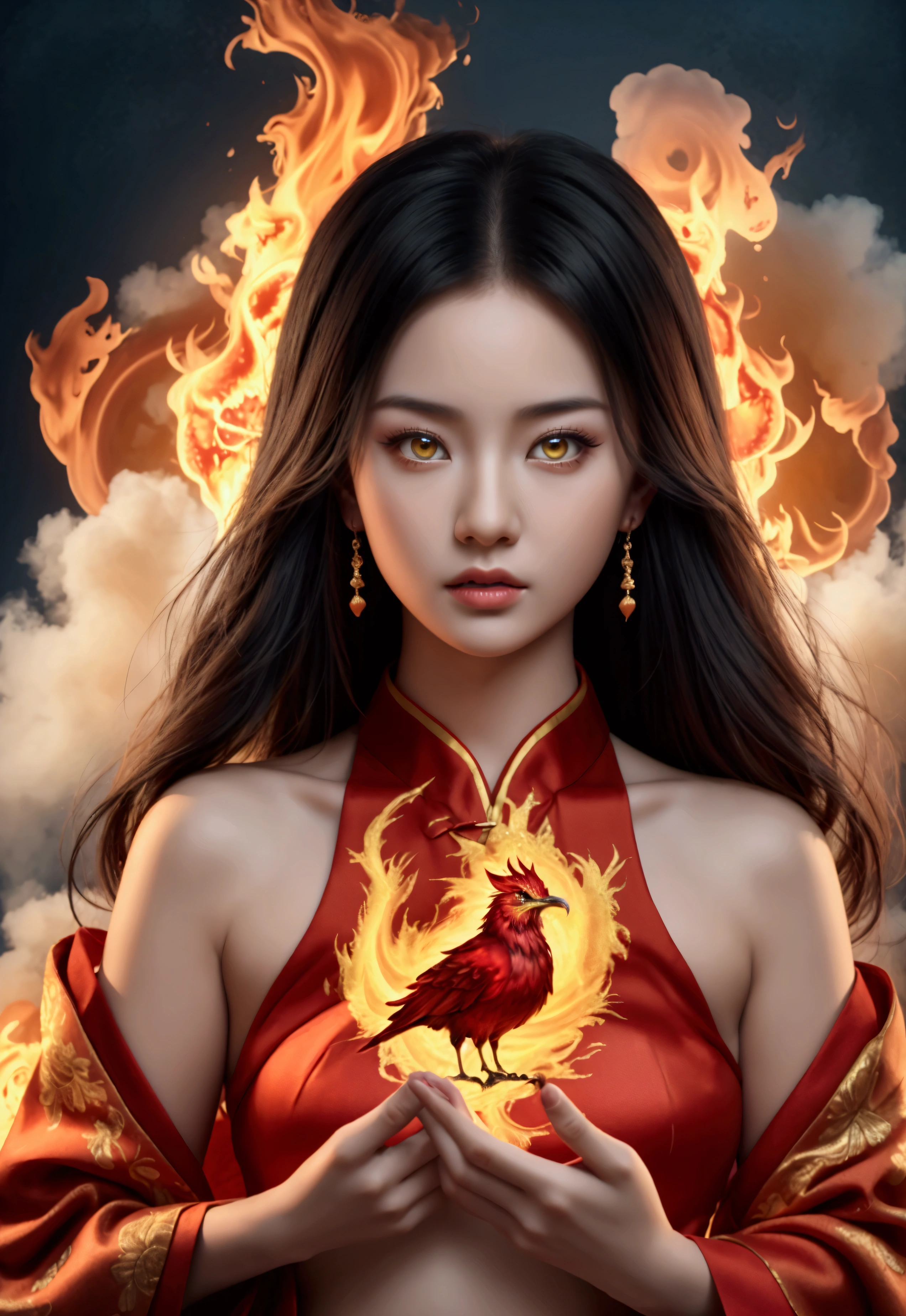 Chinese style，Chinese Mythology，Firebird，cough，ferocious，Huge，Eyes glow red，Covered in flames，Shrouded in clouds，The scene is，Full body portrait， highly detailed surreal vfx，OC Rendering， - AR 16:9 --q 2 --s 1000