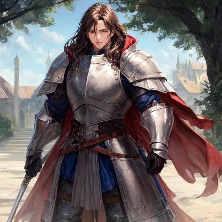 Handsome tall and strong man in knight armor with long black-brown hair and blue eyes against the background of a knight&#39;s camp in a field near a forest masterpiece high details super detail accurate best quality

