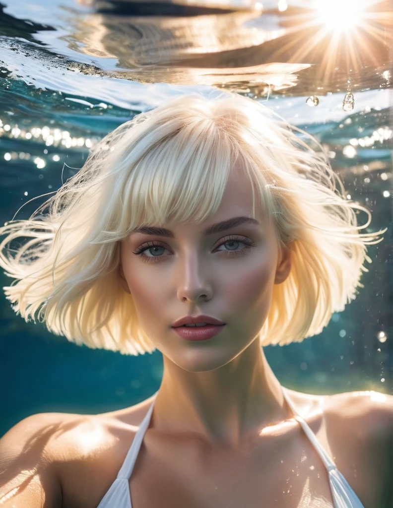 An ethereal beauty, the 2 Caucasian woman with a platinum blonde bob hair and bangs radiates elegance as she swims in Windermere. The photo captures her in a white bikini, her wet hair glistening under the sunlight. The image, likely a photograph, showcases her striking features and impeccable photo quality, highlighting every detail with clarity and precision. She exudes an aura of serenity and grace, captivating viewers with her allure and timeless charm.