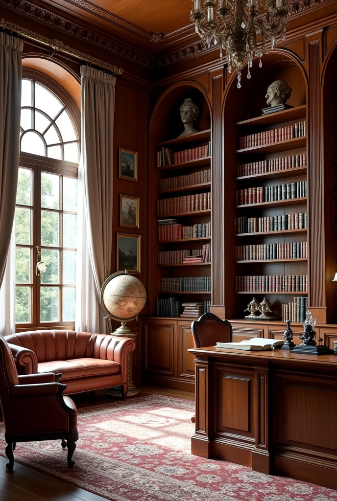 (masterpiece:1.2, Highest quality, Ultra-high resolution, Very detailed, Realistic, RAW Photos:1.2, Elaborate photos), 8k, wallpaper, (Ray Tracing), French Riviera mansion, (Private library with floor-to-ceiling bookshelves filled with leather-bound books, Rich wood paneling, Leather armchairs and a large wooden desk, Cozy reading nook by the window with elegant drapes, Antique globe on a stand, Classic artwork on the walls), A photo capturing the quiet elegance of a private library, designed for both intellectual pursuits and relaxation, with detailed accessories like a crystal decanter, vintage bookends, and an intricately carved chess set enhancing the room’s character.