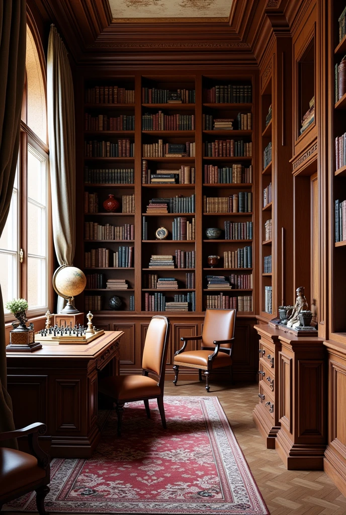 (masterpiece:1.2, Highest quality, Ultra-high resolution, Very detailed, Realistic, RAW Photos:1.2, Elaborate photos), 8k, wallpaper, (Ray Tracing), French Riviera mansion, (Private library with floor-to-ceiling bookshelves filled with leather-bound books, Rich wood paneling, Leather armchairs and a large wooden desk, Cozy reading nook by the window with elegant drapes, Antique globe on a stand, Classic artwork on the walls), A photo capturing the quiet elegance of a private library, designed for both intellectual pursuits and relaxation, with detailed accessories like a crystal decanter, vintage bookends, and an intricately carved chess set enhancing the room’s character.