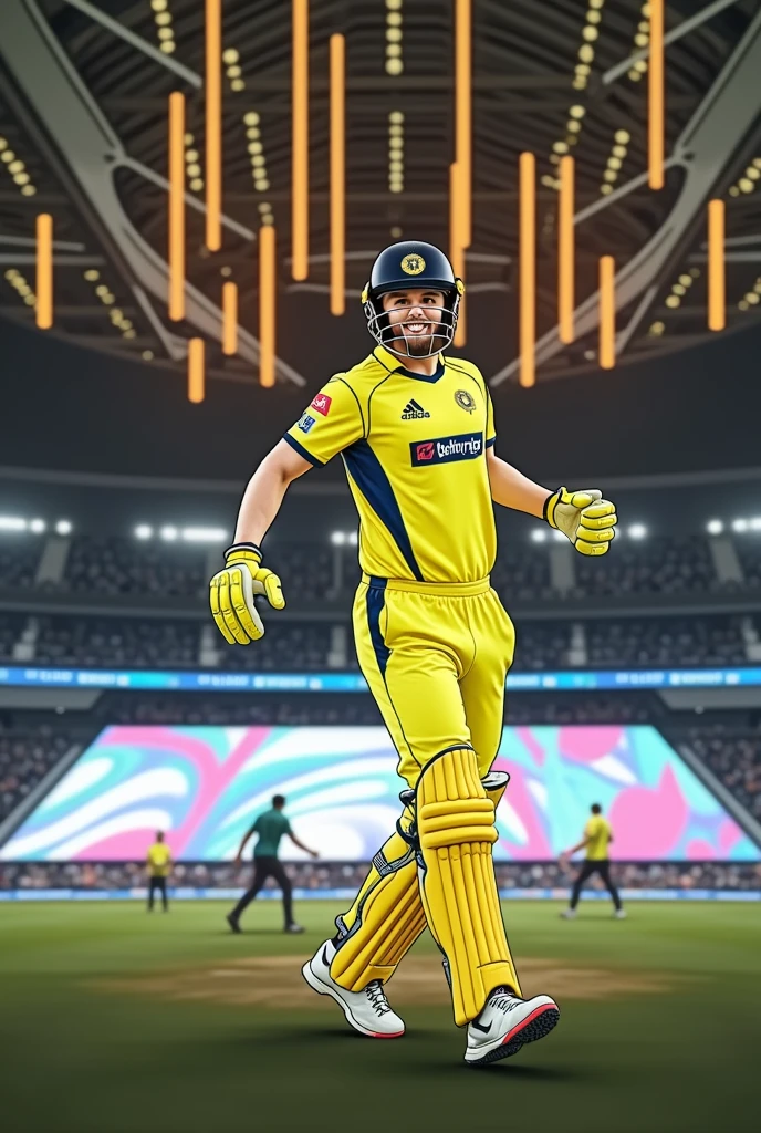 Cyberpunk cricket stadium with green,red, blue, white neon light