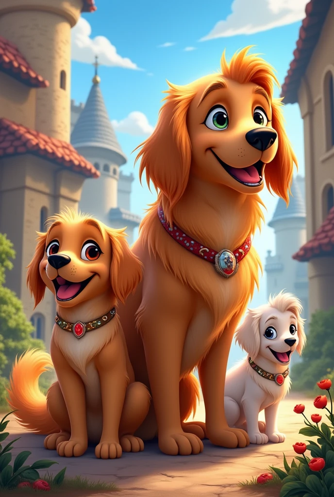 Disney DreamWorks-style movie poster, At the top is the title of the movie which is "The Three Masquebitches", There are three golden retriever dogs named Hanna., MEI and Rome, Hanna and Roma have brown hair and MEI has white hair., Roma es la mas big, big, MEI is smaller and Hanna is the smallest