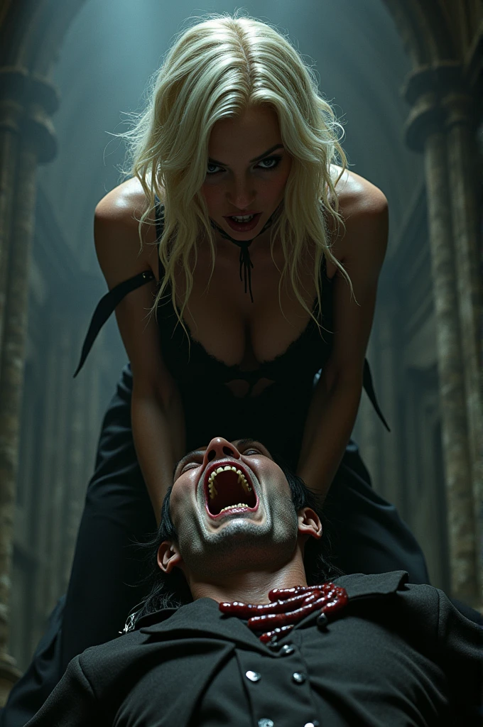 A scary, dangerous and powerful vampire lady with blonde hair and abs she attacked on a victim man. 
Highly detailed and nothing error