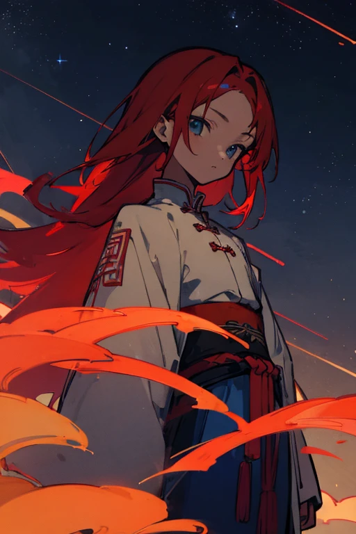 Anime-style illustrations、juvenile, With shoulder-length red hair、Brown skin, Blue Eyes, Chinese style clothing、Night view、Starry Sky