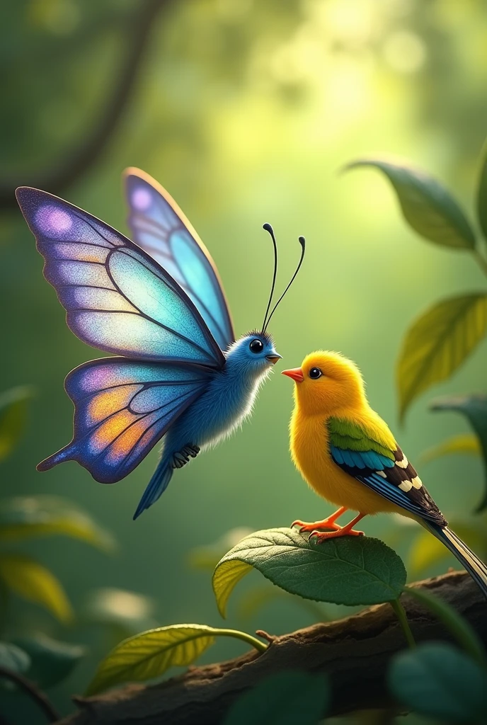 Since the Day They Met: Since the day they met in the lush, green forest, the butterfly and the bird became unlikely friends. The butterfly was delicate, with wings that shimmered in the sunlight, showing off shades of blue and purple. The bird, on the other hand, was a small, vibrant creature with feathers of bright yellow and green.