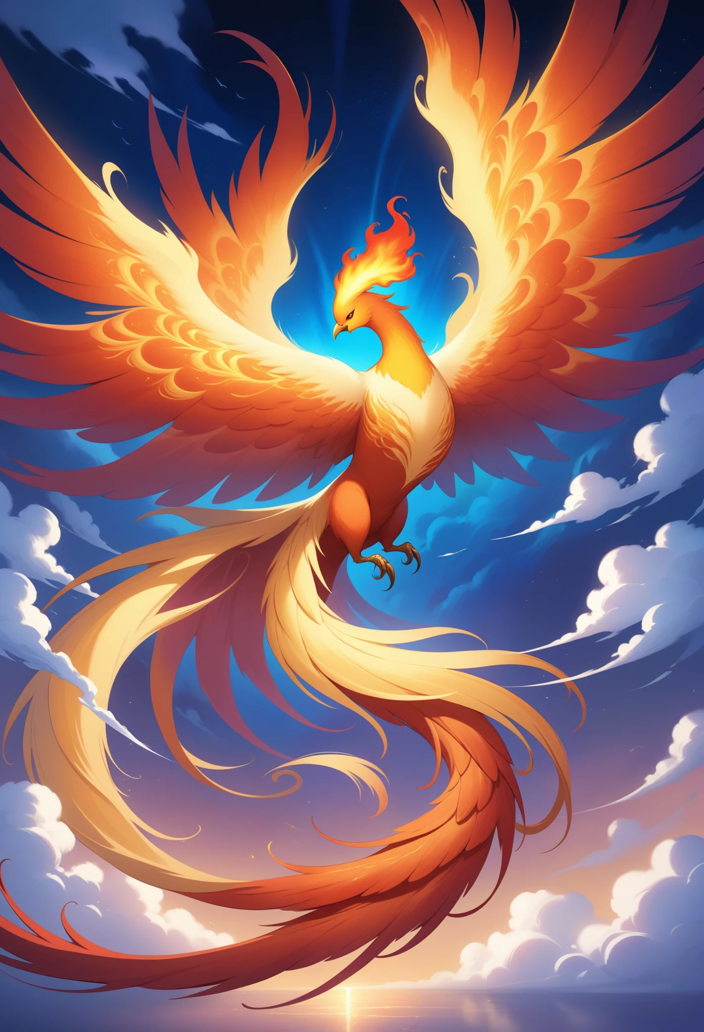 Create a vibrant and majestic phoenix in a fantasy style, with its wings spread wide as it soars through the sky. The phoenix should have fiery feathers in bright shades of red, orange, and gold, with hints of blue and purple reflecting off its body. The bird's eyes should glow with a mystical light, and its tail should trail behind it in a graceful, flowing manner. The background should feature a dramatic, colorful sky with swirling clouds, evoking a sense of awe and wonder.