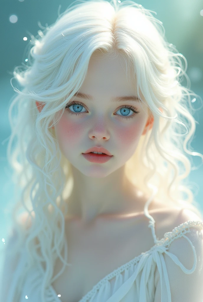 Cute white hair, blue eyes, pouring light, white skin, sparkling
