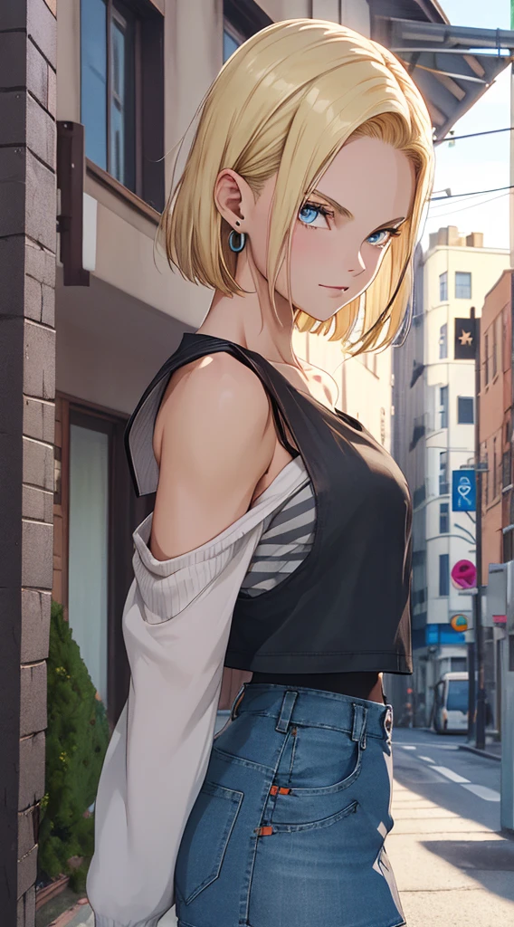 best quality, highres, and18, 1girl, android 18, solo, blonde hair, blue eyes, short hair, earrings, jewelry, denim vest, open vest, black pantyhose, black shirt, denim skirt, striped long sleeves, blue skirt, medium breasts, cowboy shot, street, (Externally expanded Chest:1.2), (Strapless:1.2), off-the-shoulder