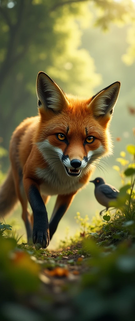 The arrival of the fox: A hungry fox is seen walking in the forest. He has eyes on the crow, and a sly smile on his face.