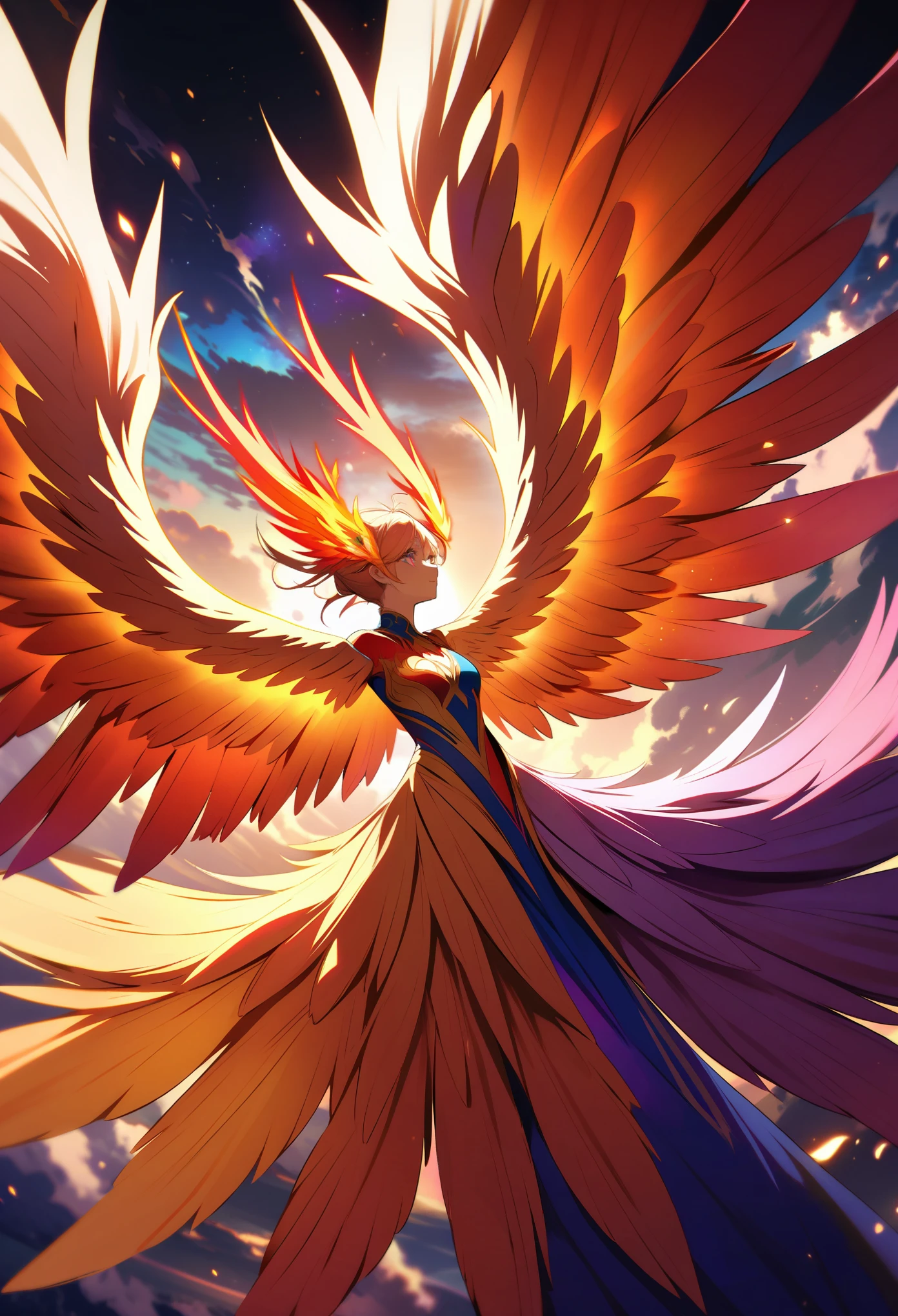 Create a vibrant and majestic phoenix in a fantasy style, with its wings spread wide as it soars through the sky. The phoenix should have fiery feathers in bright shades of red, orange, and gold, with hints of blue and purple reflecting off its body. The bird's eyes should glow with a mystical light, and its tail should trail behind it in a graceful, flowing manner. The background should feature a dramatic, colorful sky with swirling clouds, evoking a sense of awe and wonder.