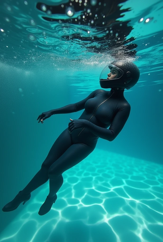 A Motorcyclist with a Full Face Helmet is Swimming Underwater in a Private Pool, Swimming Underwater While Holding Breath and Lying Down on the Bottom of the Pool. Swimming wearing Full Face Helmet with Clear Visor and sexy pose