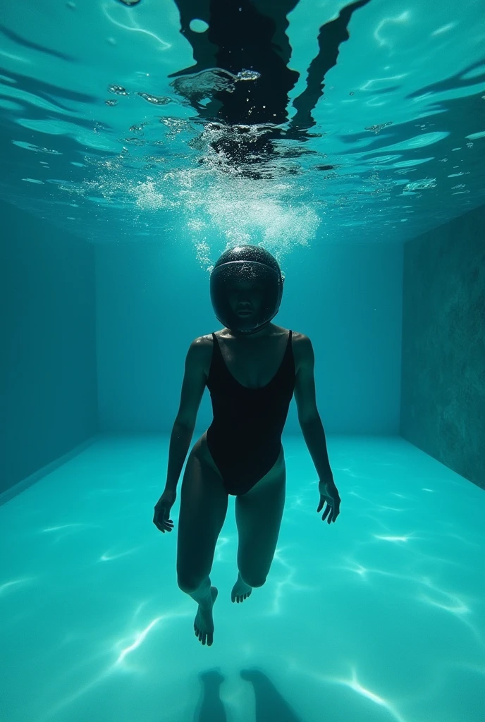 A Motorcyclist with a Full Face Helmet is Swimming Underwater in a Private Pool, Swimming Underwater While Holding Breath and Lying Down on the Bottom of the Pool. Swimming wearing Full Face Helmet with Clear Visor and sexy pose