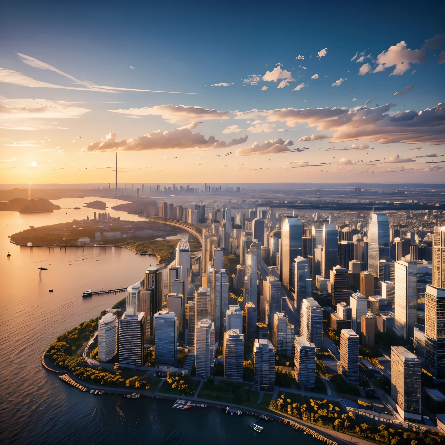 A scene of floating in the sky that draws you in. Blue sky and three-dimensional clouds. High resolution.（8k）、Ultra-high precision、Realistic texture、The city below、horizontal line、Vast、panorama、Rear Stick、Brilliant、masterpiece、sunset、curve、bird&#39;s Eye View、evening、photograph、Shadow and light details、