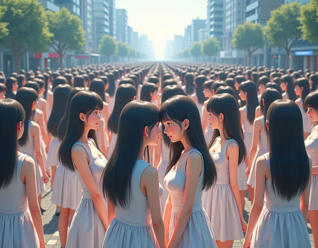 (((((Japanese Clone girls=Myself)))))), (((best masterpiece Clone girls Raw Photography Art))), (16K, Highest quality, Ultra-high resolution, RAW Photos), (((Unrealistic, Unparalleled depiction, An unbelievable sight, Unprecedented and shocking, In a world where myselves are multiplied, Ultra-realistic))), (((Japanese, woman, 26yo, Sasaki Nozomi))), (Small face, ((Thick black hair, Semi-long hair))), ((V-neck short-sleeve dress)), (((((Very beautiful detailed girls, Accurate body structure, Very detailed完璧な, A super busty body with very large breasts, Great proportions, super big breasts, Big, voluptuous breasts, The cleavage is very plump and emphasized))))), (((Dark Eyes, Mature face, Cute Smile, A gentle gaze, ((Very happy laughter))))), ((((((((Very detailedcloning描写, ((1girl→cloning→1,000,000,000,000,000,000,000,000girls)))))))))), ((((((((Very detailed, The precise depiction of the double, ((With the exact same female body, With the exact same face, With the exact same hairstyle, In the exact same clothes, At the exact same height, The same exact super big boobs)))))))))), (((Myself only))), (((100,000,000,000,000,000,000,000,000,000,000,000,000,000,000Myself))), (Beautiful poses to raise the actress's consciousness, Cleavage Emphasis), (((Walk freely))), (((Very detailed, Myself and each other, hug, Back to Back, Myself big collection, Fun conversation with myself, A happy conversation with myself, Kiss Myself Everywhere, Doting on Myself, Myself holding hands))), (Free pose), (Sexual seduction), (((Unbelievably crowded, Close contact between transcendent selves, Countless "myselves" completely surround me in 360 degrees))), (Bright and soft sunlight), (((super wide view, Very wide field of view, Very detailed, Detailed ultra-perspective depiction with clear depth))), (((Flat and gently undulating terrain, ((Slope)), The countless "myselves" filling the city's boulevards and scramble intersections continue to grow infinitely, reaching beyond the horizon))), (Focus on the center of the group), Myssels overflow from the building's entrance and underground exit.
